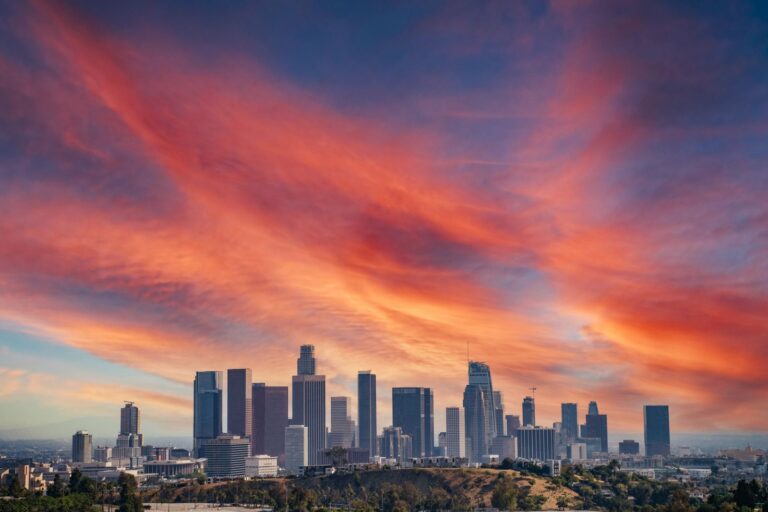 Downtown Los Angeles skyline under a dramatic sky