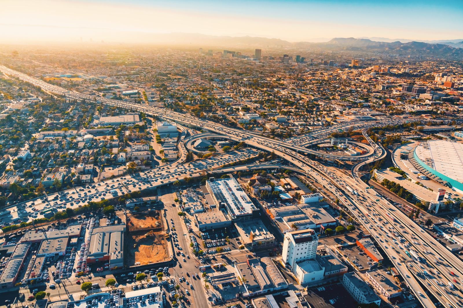 Aerial view of a Los Angeles freeway interchange